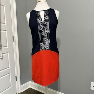 THML Dress with embroidered pattern in navy blue and orange